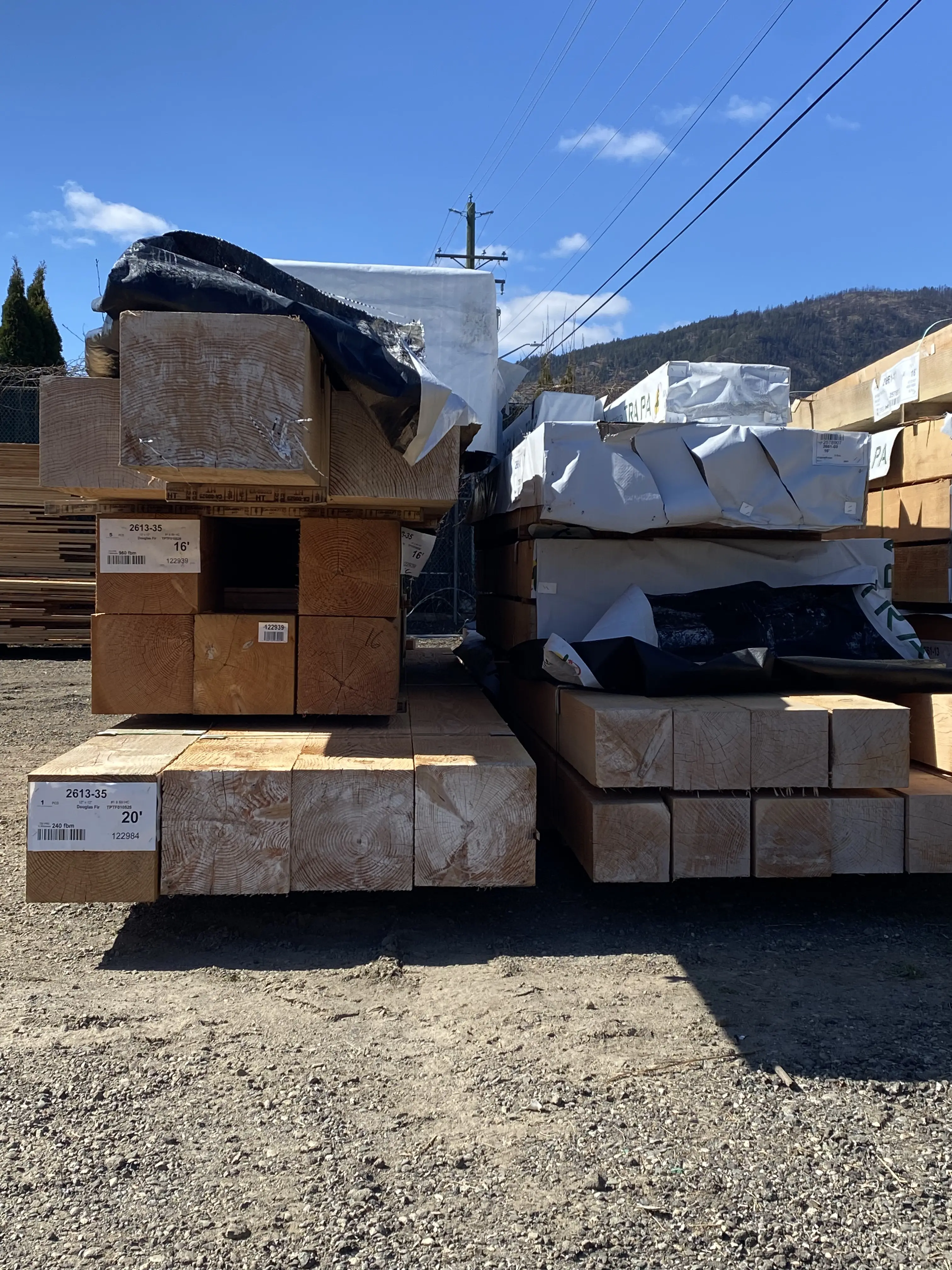 Stacked Douglas Fir 6x6 posts and beams labeled 16 and 20 feet in the lumber yard